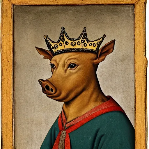 Image similar to a renaissance style portrait of a wild boar (Sus scrofa) wearing a crown and a cape, dark background