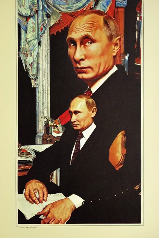 Prompt: vladimir putin. masonic lithography by norman rockwell