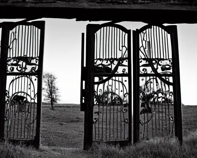 Image similar to Twin girls at iron gate at sunset - black and white photo