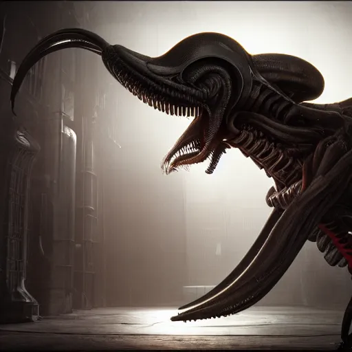 Image similar to centered photorealistic antropomorphic xenomorph inspired by Giger, sinister background, octane render, unreal engine 4k, volumetric light, fog, wide shot, detailed