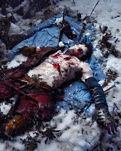 Image similar to Highly realistic oil painting of a wounded knight lying in the snow, surrounded by blue flowers, blood on flowers, by greg rutkowski, highly detailed, cinematic lighting, moody, dark