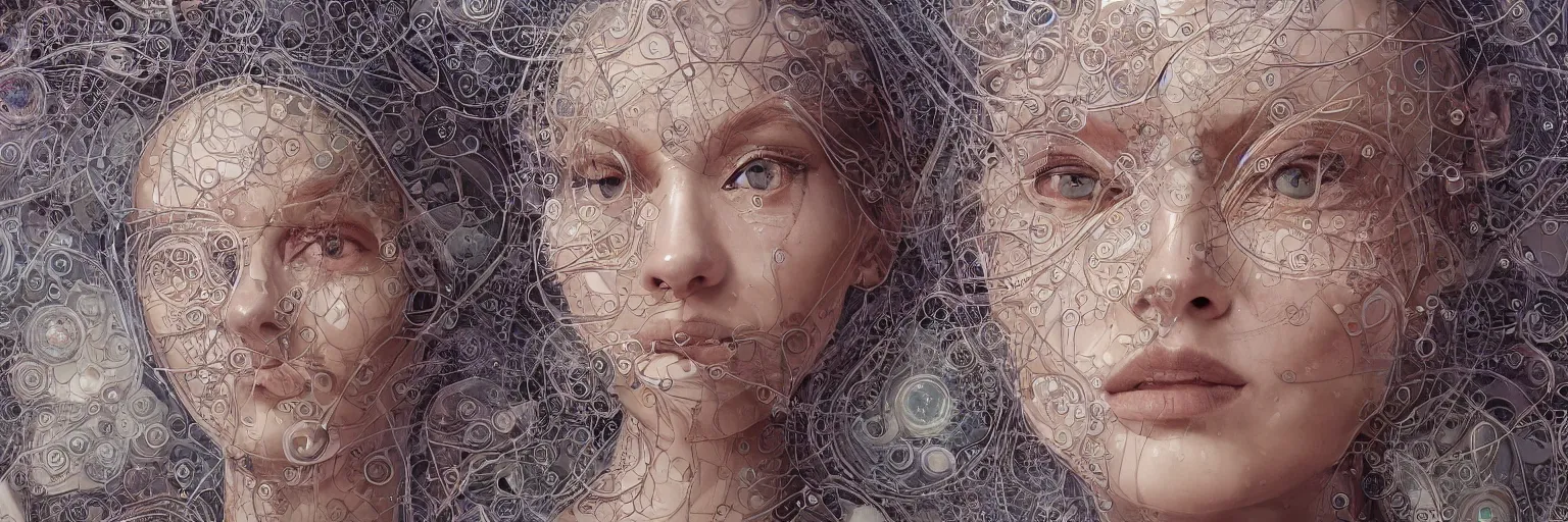 Prompt: The face of a very beautiful goddess radiating an artwork made from layers of technical drawings and architectural plans, very detailed and intricate with callout texts, leaders, arrows and bubbles by James Jean and Ross Tran and WLOP , hyperrealism, swirling acrylics, subsurface scattering, octane render, bokeh, 8k, xparticles