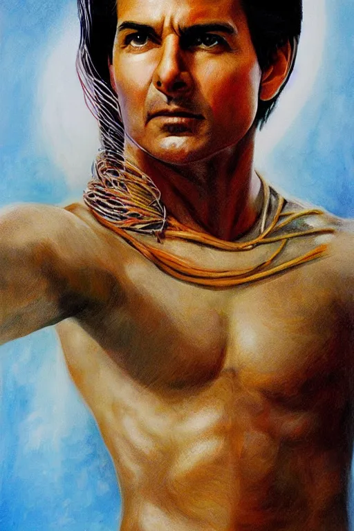 Image similar to Indian God Mahavishnu Tom Cruise, hyperrealistic portrait