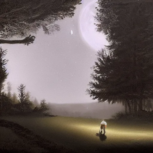 Image similar to matte painting of a tabby cat walking on a path in a dark moonlit Maine forest, serene, highly detailed, by caravaggio and alan lee, trending on artstation, 4k