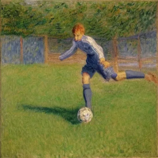 Image similar to monet painting of a skinny blonde man falling over a soccer ball, highly detailed, realistic,