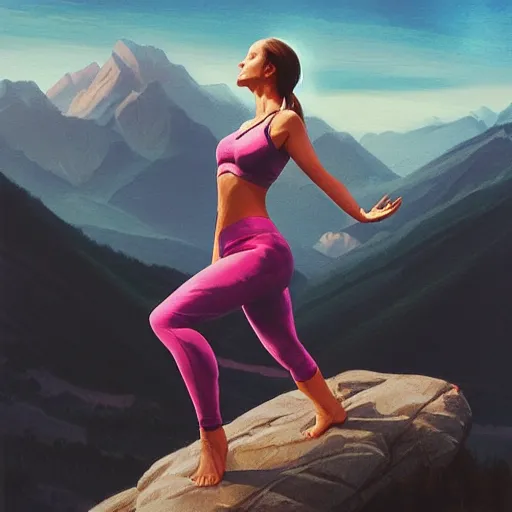 Prompt: person doing a yoga pose on top of mountain by artgerm, artgerm, Hildebrandt, WLOP, Charlie bowater