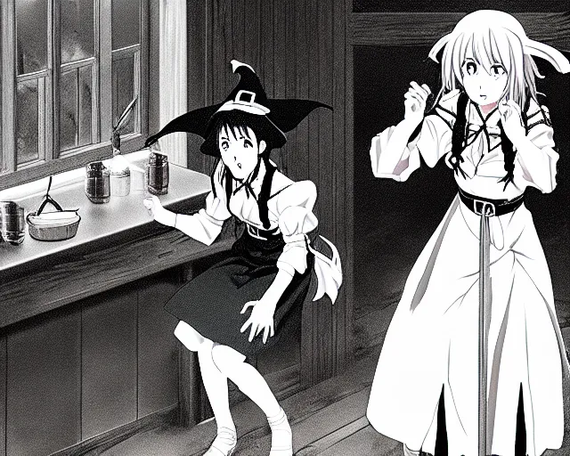 Image similar to key anime visual portrait of a young female witch in a tavern interior defending a companion, dynamic pose, dynamic perspective, cinematic, dramatic lighting.