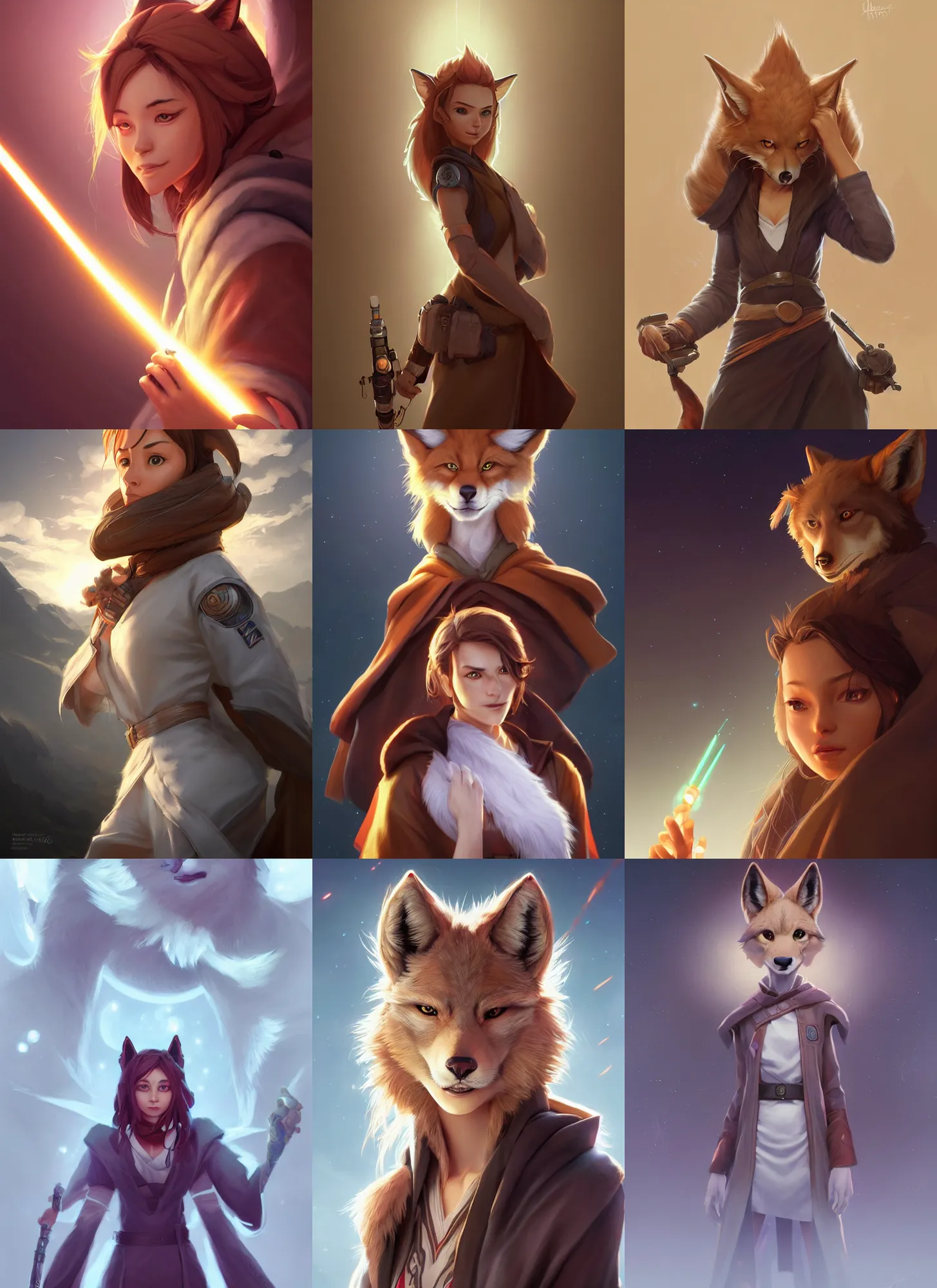 Prompt: beautiful portrait of a female anthropomorphic furry coyote wearing jedi robes. character design by charlie bowater, ross tran, artgerm, and makoto shinkai, detailed, soft lighting, rendered in octane