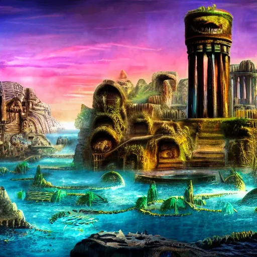 Prompt: lost city of atlantis, hyper realism, colorful, 8 k, realistic,