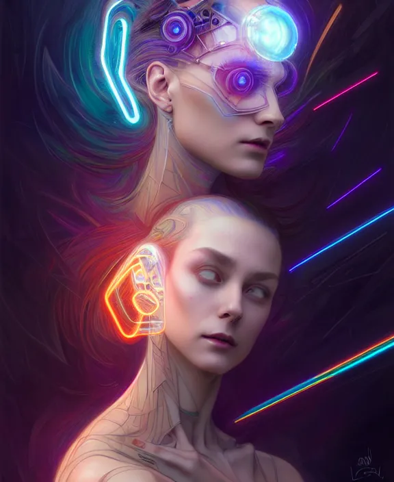 Image similar to a whirlwind of souls rushing inside the metaverse, hologram, half body, neurochip, shaved temple, piercing, jewelry, android, cyborg, cyberpunk face, by loish, d & d, fantasy, intricate, elegant, highly detailed, colorful, digital painting, artstation, concept art, art by artgerm and greg rutkowski and alphonse mucha