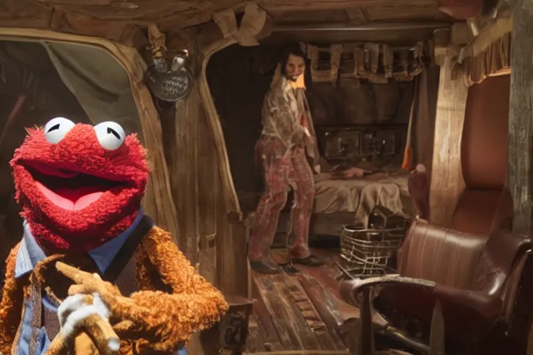 Image similar to High definition scene, inside the cabin, from Evil Dead Muppets starring BRUCE CAMPBELL as ASH