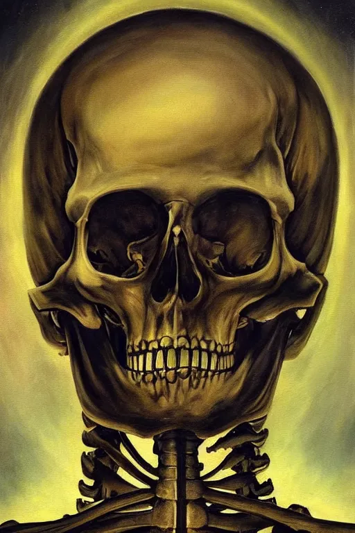 Prompt: an extremely high quality hd a painting of a skeleton with a halo around it's head, poster art by hans ruedi giger, behance contest winner, vanitas, apocalypse art, cosmic horror, darksynth, 8 k, ultra realistic, very realistic