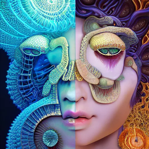 Prompt: 3 d goddess close - up frontal portrait with ram golden skull. beautiful intricately detailed japanese fractal jellyfish kitsune mask and clasical japanese kimono. betta fish, jellyfish fractal, bio luminescent, plasma, ice, water, wind, creature, mandelbulb, fractal, artwork by tooth wu and wlop and beeple and greg rutkowski