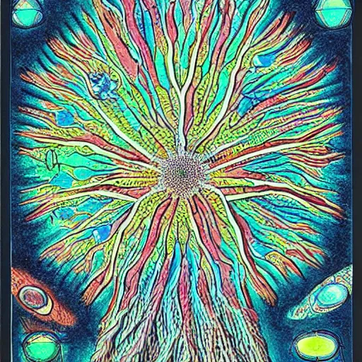 Prompt: colorful diagram of interdimensional dendrite in non - eucledian space by ernst haeckel and geoff darrow, black background, ink and watercolor