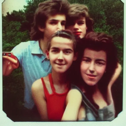 Prompt: selfie French teenagers in the 80's, flash color polaroid, detailed