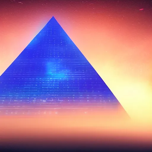 Prompt: big pyramid with blue glow lights and huge spaceship in sky, fog in background, realistic, 2 0 mm cinematic looking, drama, scary