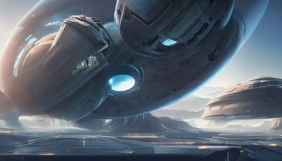 Prompt: an imax view of a futuristic spaceport on a beautiful exoplanet, art by james paick and federico pelat and markus vogt, hyperrealism, science fiction, cinematic lighting