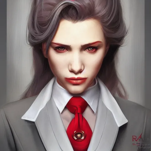 Image similar to a girl wearing a business suit, grey hair, red necktie, cinematic, twintails, stunning, highly detailed, digital painting, artstation, smooth, hard focus, full body shot, illustration, art by artgerm and greg rutkowski and alphonse mucha