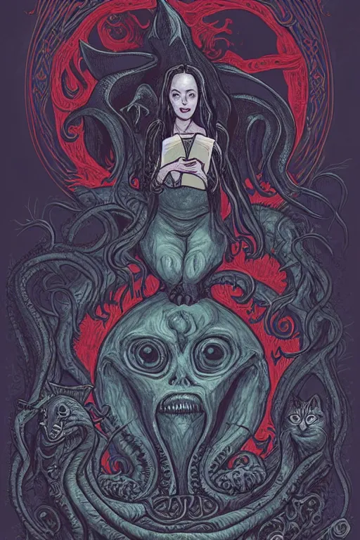 Image similar to biden illustration of romantic girl, her cat and her book of necronomicon, symmetrical, cinematic, sharp focus, 4 k, ultra hd, sense of awe, sinister demonic atmosphere, dreadful, forbidden knowledge, old gods, cthulhu, yog - sothoth! yah, yah, yah! cultist journal cover