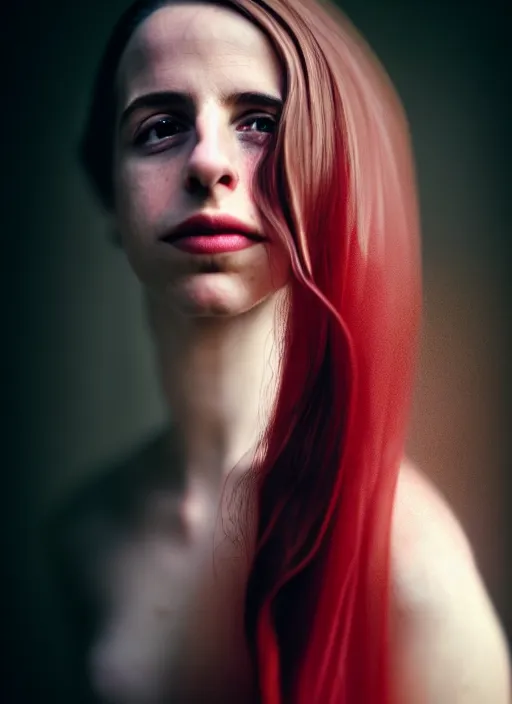 Image similar to portrait photography of a beautiful woman, in fine art photography style of Lindsay Adler- Giovanni Gastel, brit marling style 2/4 , natural color skin pointed in rose, long red hair with an intricate hairstyle, full body dressed with a ethereal transparent voile dress, elegrant, 8K, soft focus, melanchonic soft light, volumetric dramatic lighting, highly detailed Realistic, hyper Refined, Highly Detailed, natural point rose', outdoor sea and storm soft lighting, soft dramatic lighting colors scheme, soft blur lighting, fine art fashion photography