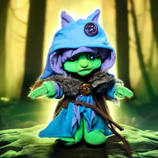 Image similar to dungeons and dragons foxfolk wizard druid as a chibi muppet plush wearing an ethereal star filled mage robe inspired by Aaravos from dragon prince, photorealistic, photography, national geographic, sesame street