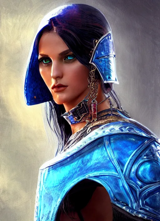 Image similar to Beautiful Arab girl with blue eyes, leather, portrait, fantasy, medieval, vivid colors, fantasy, elegant, concept art, sharp focus, beautiful face, digital art, Hyper-realistic, 4K, Unreal Engine, Highly Detailed, HD, Dramatic Lighting by Brom, trending on Artstation