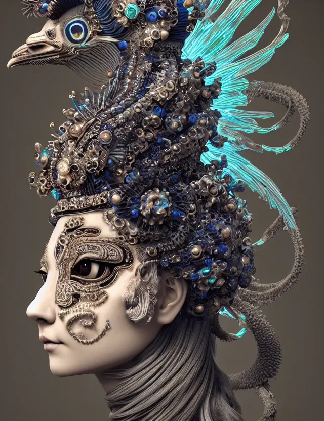 Image similar to 3 d goddess close - up portrait with crown, ram skull. beautiful intricately detailed japanese crow kitsune mask and clasical japanese kimono. betta fish, jellyfish phoenix, bioluminescent, plasma, ice, water, wind, creature, artwork by tooth wu and wlop and beeple and greg rutkowski