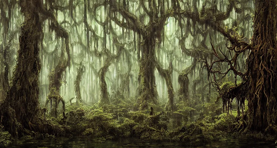 Prompt: A dense and dark enchanted forest with a swamp, by James Gurney