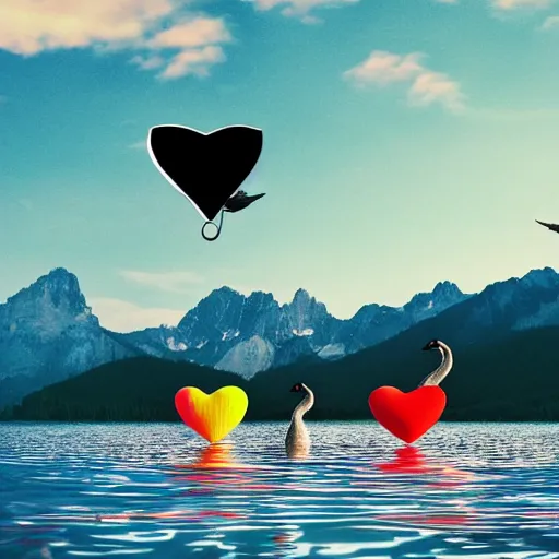 Image similar to photo of two black swans swimming in a beautiful reflective mountain lake, touching heads, forming a heart with their necks, a colorful hot air balloon is flying above the swans, hot air balloon, intricate, 8k highly professionally detailed, HDR, CGsociety