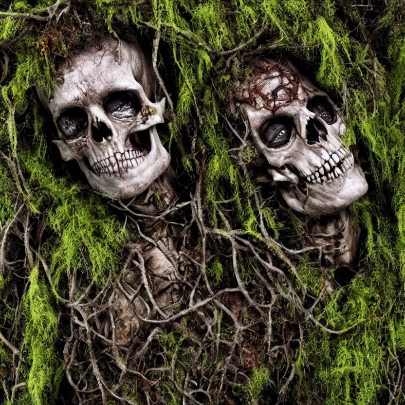 Prompt: a photo realistic zombie skeleton covered in moss and vines in the style of anti-art trending on artstation, cinematic, detailed realistic HD 8k High Resolution