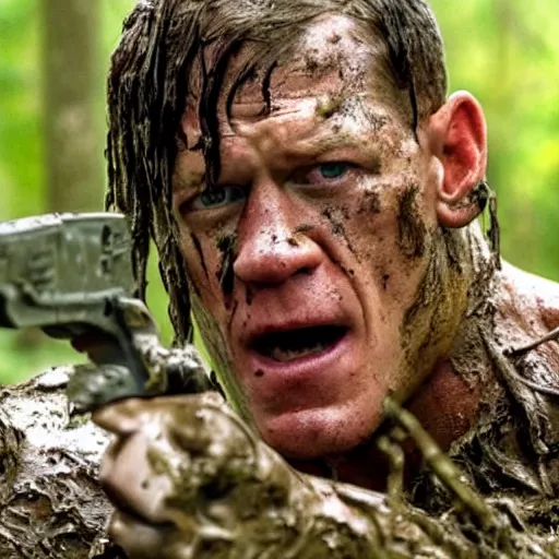 Image similar to film still of john cena as major dutch, covered in mud and hiding, predator!!!!!!!! looks for him in swamp scene in 1 9 8 7 movie predator, hd, 8 k