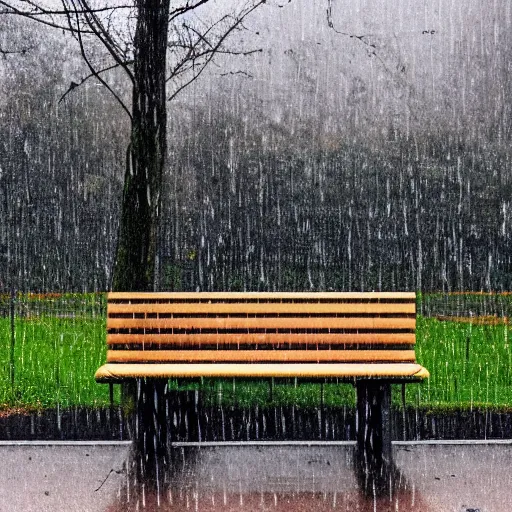 Prompt: a wide - shot illustration of a modern bench in the rain, the bench being the main focus, symmetrical with the frame, 1 6 k resolution, raining, trees in the background, mid - winter, zoomed out, ambient lighting