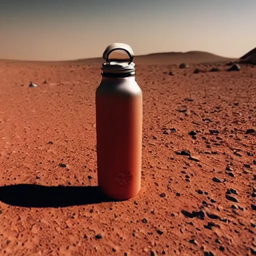 Prompt: photograph of a water bottle on Mars