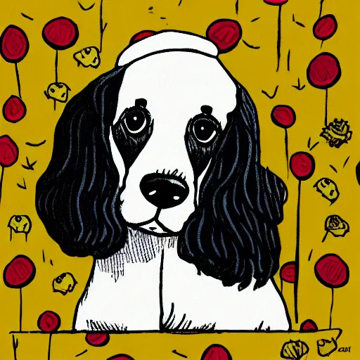 Image similar to a cute spaniel playing with Rupert Bear, illustration, hand drawn