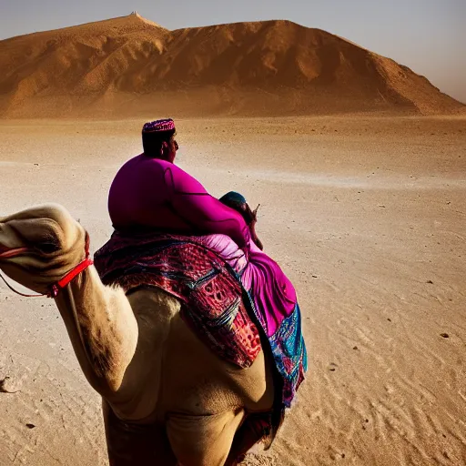 Image similar to a morbidly obese person riding a camel, photography, egypt, cinematic,
