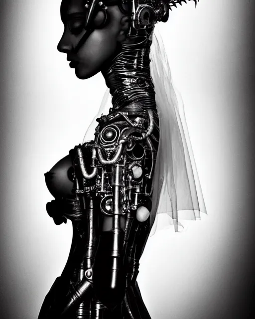 Image similar to a black and white high quality dreamy photo of a young beautiful female queen-silver dragon-vegetal-flower-cyborg veiled bust with a very long steampunk cyborg neck, elegant, highly detailed, poetic, soft, dreamy, mysterious, high fashion, in the style of Horst P. Horst, Metropolis, Realistic, Refined, Digital Art, Highly Detailed, Cinematic Lighting, rim light, black and white, photo-realistic, 8K