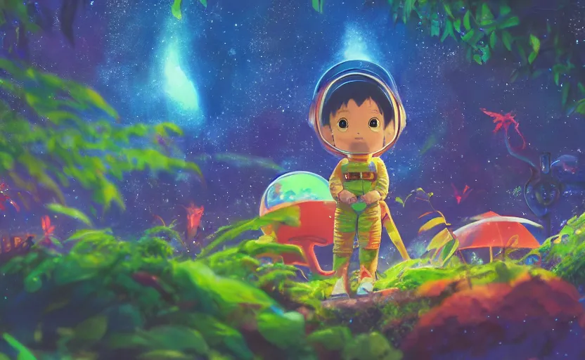 Image similar to a still of a cute adorable tiny astronaut, on a planet of lush colorful foliage, with an enormous kaiju dragon surrounding the full background, magical forest, sharp focus, neon backlit, highly detailed, disney pixar studio ghibli makoto shinkai, digital painting, matte, octane render, global illumination, iridescent, anime, 8 k concept art