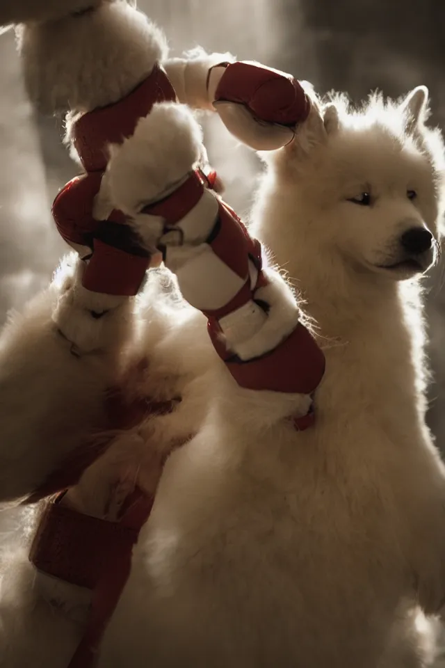 Prompt: samoyed dog head on a human body as a muay thai kickboxer, gloves on hands, cinematic lighting, film still