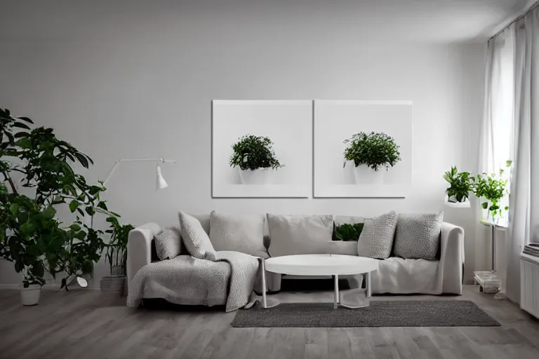 Image similar to highly detailed wide angle photograph, ikea style, light bloom, atmospheric, cinematic, minimalist contemporary modern design living room, cozy, calm, plants, big canvas art, hardwood floor, white walls, fabric and textiles