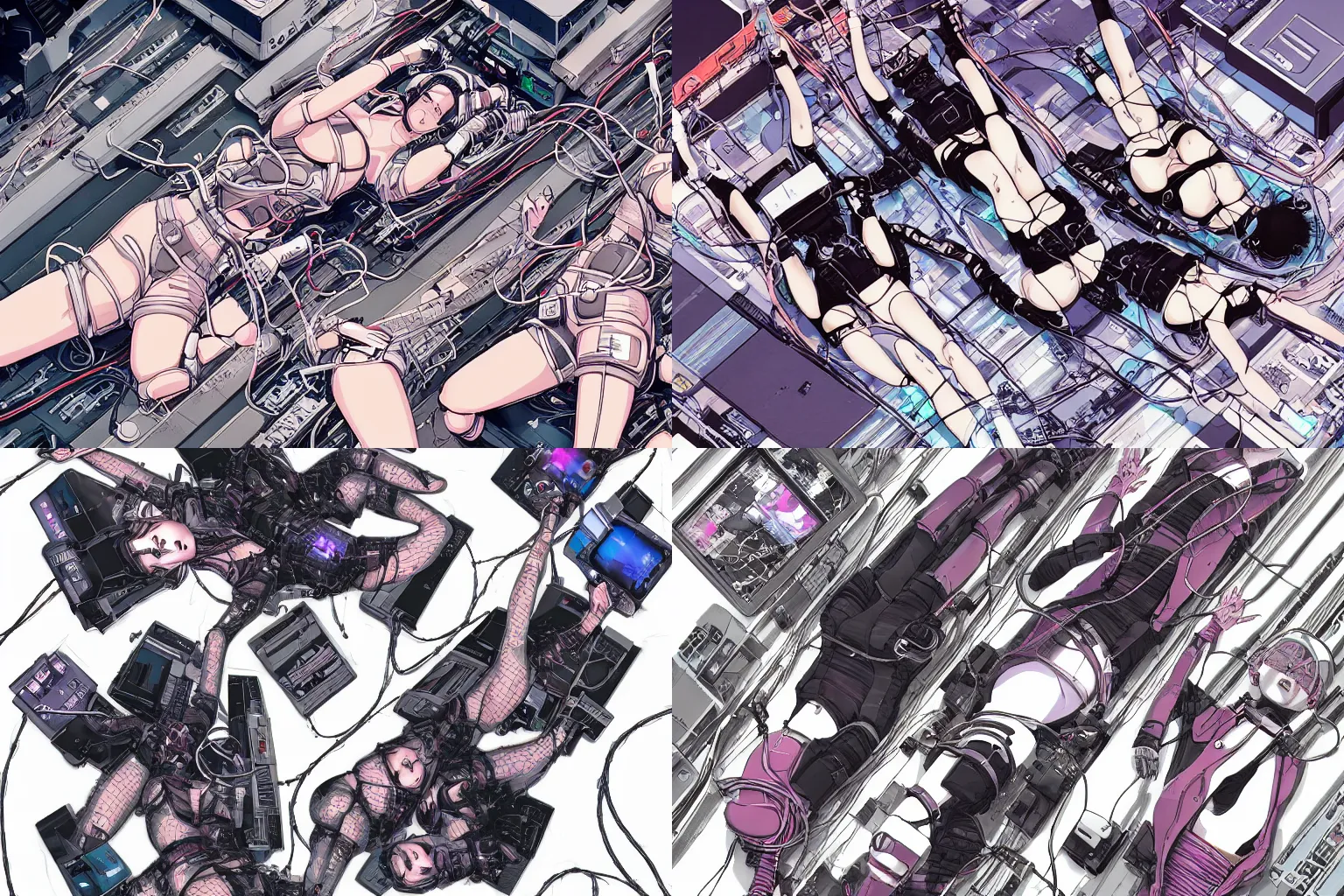 Prompt: a cyberpunk illustration of a group of three female androids in style of masamune shirow, lying on an empty, white floor with their bodies open scattered rotated in different poses and cables and wires coming out, by yukito kishiro and katsuhiro otomo, hyper-detailed, intricate, view from above