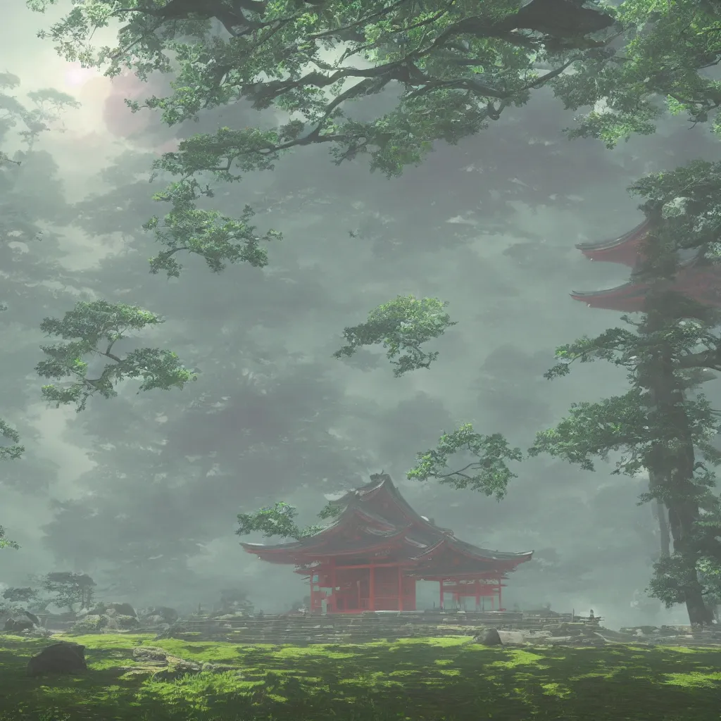 Prompt: Japanese shrine in misty morning, highly detailed, dreamlike!, 3D render, volumetric lighting, digital art, artstation, 8K photography, matte photo-realistic, vivid colors, perspective, by Hayao Ghibli Miyazaki!!!, breath of the wild style