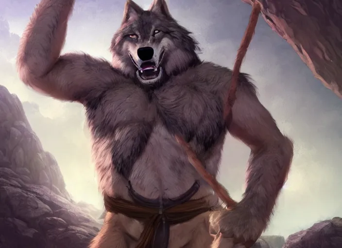 Prompt: burly tough character feature portrait of the anthro male anthropomorphic wolf fursona animal person wearing tribal primitive caveman loincloth outfit belt standing in the entrance to the cave, center framed character design stylized by charlie bowater, ross tran, artgerm, makoto shinkai, detailed, soft lighting, rendered in octane