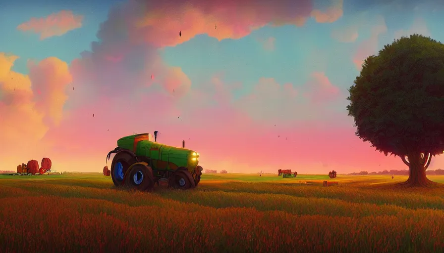 Image similar to colourful sky, wheat field, tractors, big trees, matte painting, art station, digital art, simon stalenhag