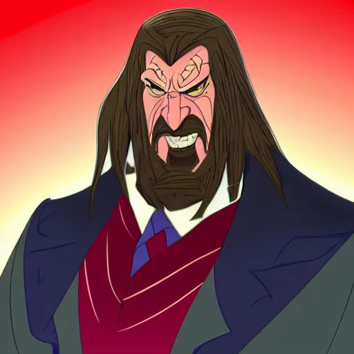 Image similar to Head-to-shoulder shot of Triple H as a Disney villain, Disney, Triple H, wrestling, WWE, Disney style, 2d, Disney 2d animation, digital 2D animation, traditional animation, Disney style, Disney animation, Deviantart, very coherent symmetrical artwork, heroic look, artstation, villain, brightly colored