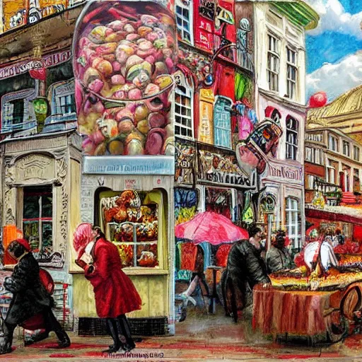 Prompt: by reginald marsh eclectic sangria. a street art of a city made entirely out of kulich, a traditional russian easter bread. the city is bustling with activity. the street art is playful & whimsical, with a touch of magic.