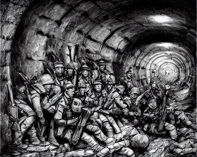 Image similar to Soldiers in despair in a world war 1 tunnel, black and white, amazing digital art, hyper detailed, artstation, in the style of Tony Sart