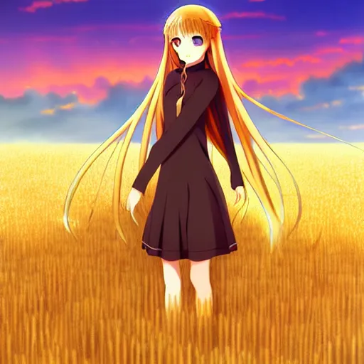 Image similar to anime illustration of Holo from Spice and Wolf standing in a wheat field at sunset, Holo is a wolf girl, high detail, trending on pixiv