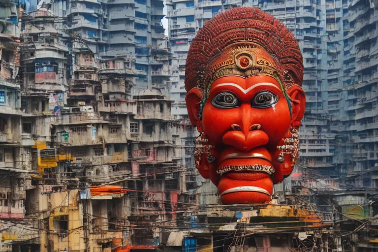 Image similar to high quality 3 d cyberpunk biomorphic hanuman head building in the middle of mumbai!!, kalighat highly detailed, cinematic smooth, stephen shore & john j. park, soft morning light, wide shot, high angle, uhd 8 k, deep focus