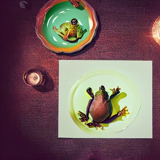 Image similar to frog levitating above the plate on a table with simple food, polaroid photography in style of andrey tarkovski, light caustics, iridescence, paranormal, spiritual, mystical, sublime