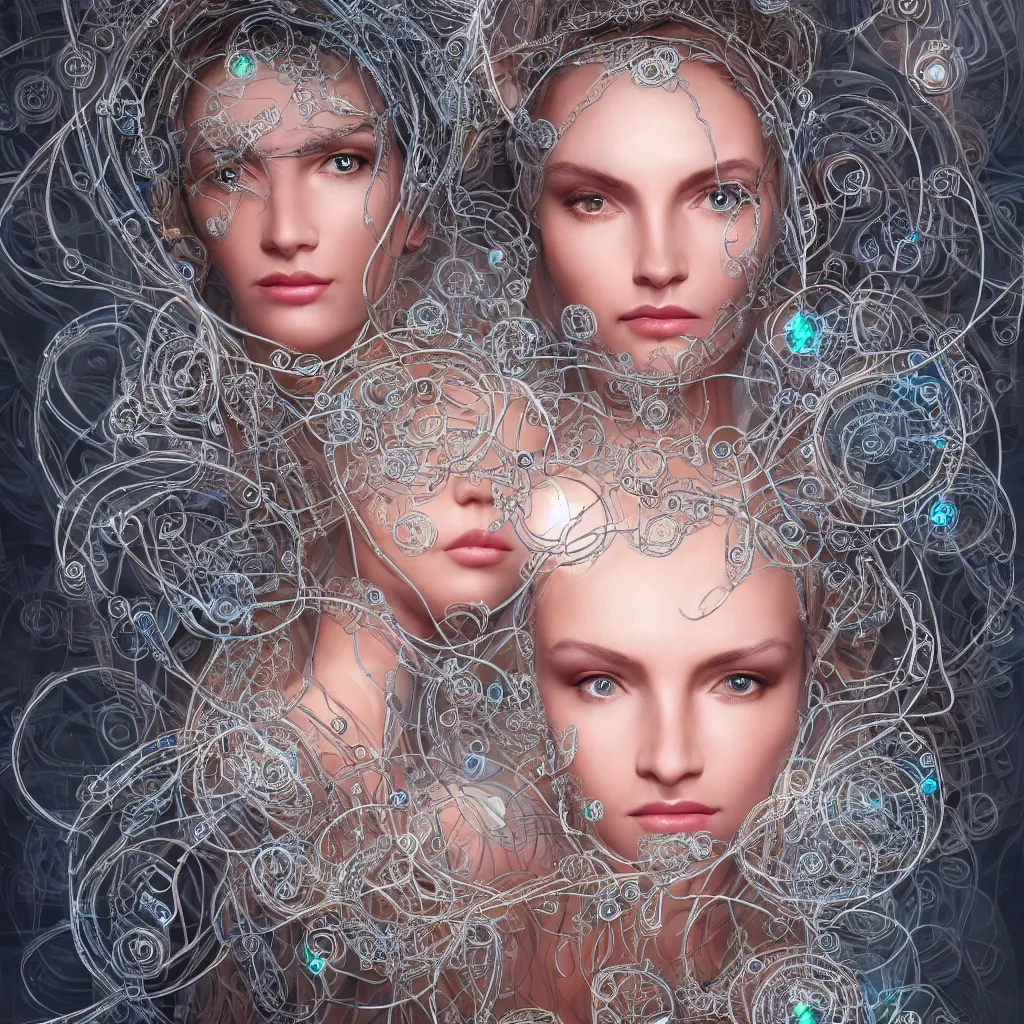 Image similar to very beautiful woman integrating with technology, full face frontal centered, portrait, insipiring, detailed intricate ornate cables connected to head, big open electric eyes, luxurious detailed abundent wiring and implants, diamonds, sci-fi, neon, emeralds, detailed technology full background, highly detailed, artstation, Rene Lalique and Eddie Mendoza